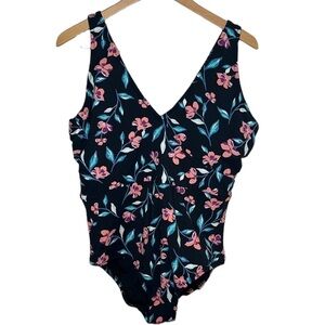 Lands' End Black Pink Floral One Piece Swimsuit Plus Size 20W